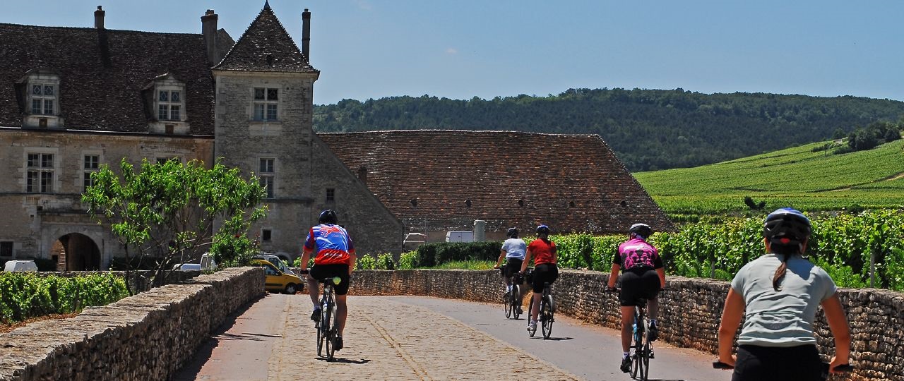 Cyclists approaching Nuits St Georges Clos Vougeot in Burgundy France